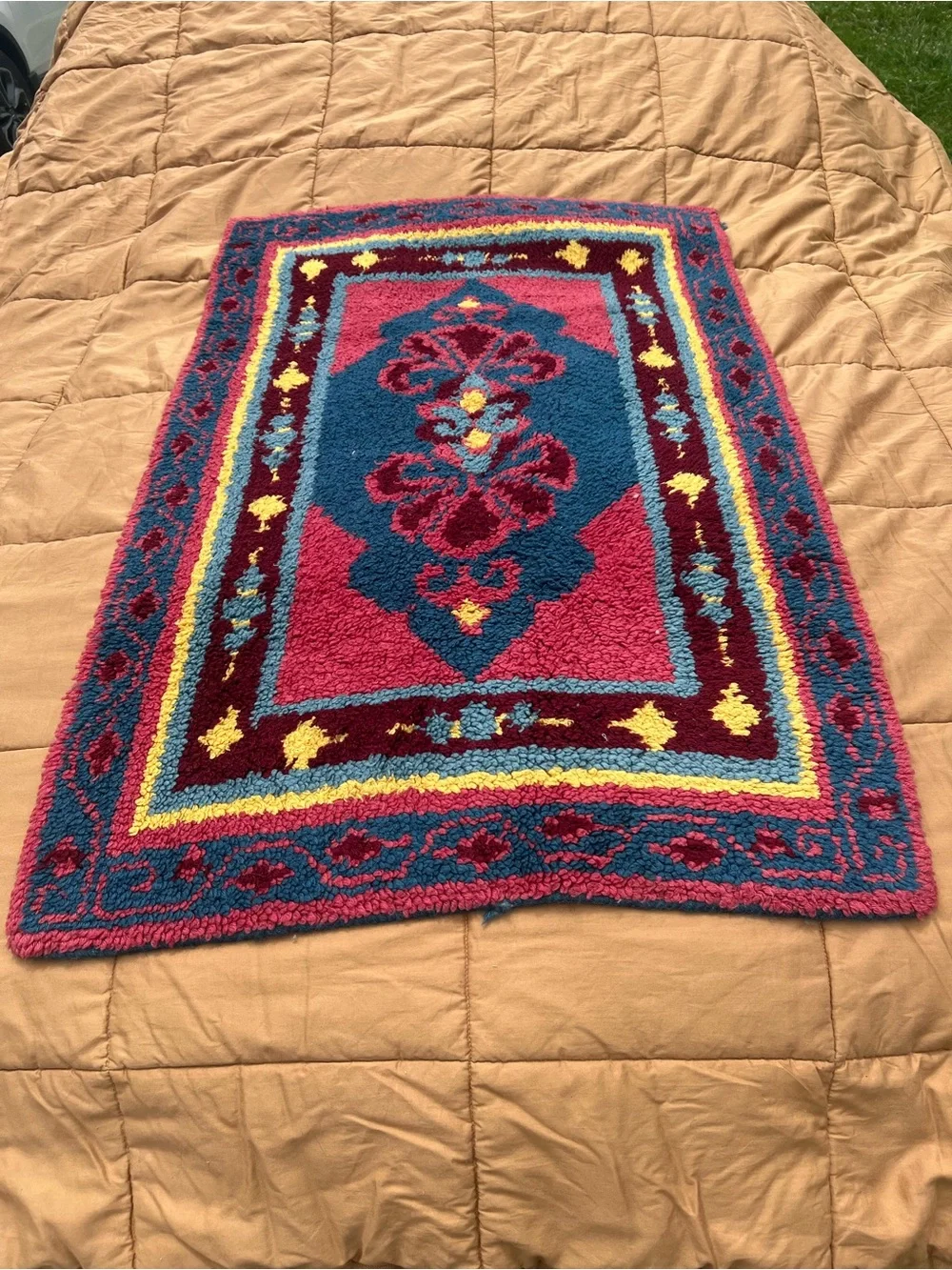 Vintage Handmade Latch Hook Rug Boho Look Fuchsia and Teal